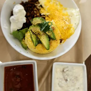 Bowl- Gouda grito, chorizo, avocado, eggs, salsa..yummy