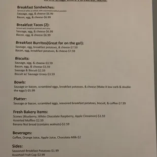 Breakfast menu