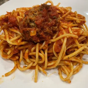 Spaghetti marinara and meatball from my Mezzano bucket! Meatball sold separately!