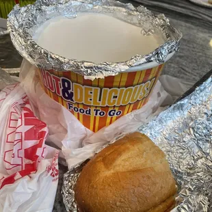 Bucket of spaghetti and fresh garlic bread. Yummmm