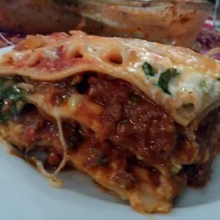 Lasagna we made at home. Quality pasta, cheese, hand slaughtered (halal) grass fed beef, fresh spinach, etc etc. Nice shopping