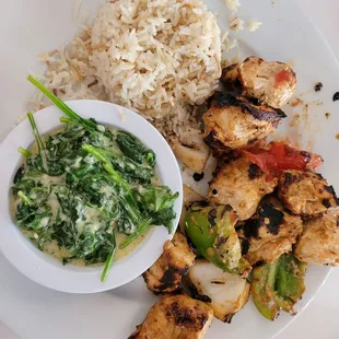 Chicken Kabob with Rice Pilaf and Creamed Spinach