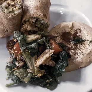 Chicken Shawarma wrap  Hummos Chick Pea Dip Greek Salad