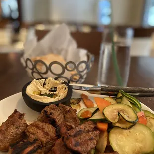 Shish kabob- steak, hummus, veggies and pita - $25 | Byblos | South Tampa | 4-15-21