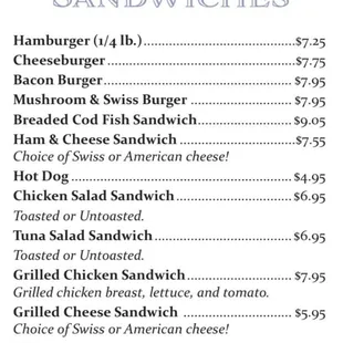 menu for sandwiches