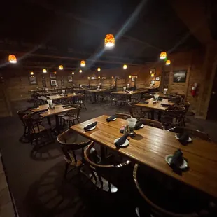a dimly lit dining room