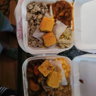 three containers of food
