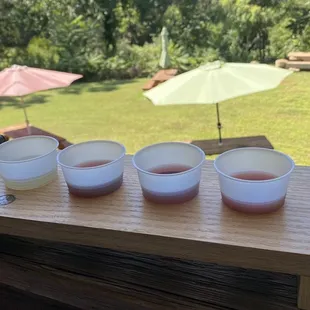 four glasses of wine on a wooden tray
