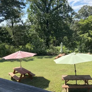 picnic tables and umbrellas