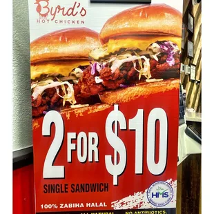 Special 2 for 2 For $10 ( Single Sandwichs) @ Byrd&apos;s Hot Chicken 2634 N Clark St, Chicago, IL Cool!