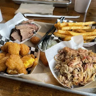 2 Meat Combo Plate (brisket, pulled pork, fries, and Corn Nuggets)