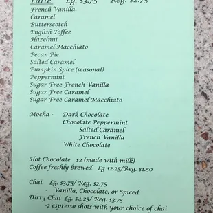 a menu for coffee