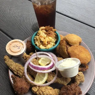 Spicy catfish, fried green tomatoes, Mac and cheese