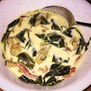 Our Oyster Stew with Collard Greens, Country Ham, and Sweet Onion.