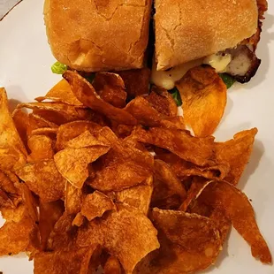 a plate of chips and a sandwich