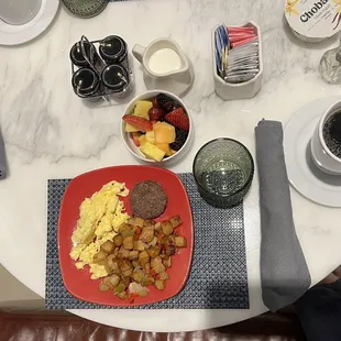 Buffet Breakfast: eggs, country potatoes, turkey sausage, fruit, yogurt and coffee!