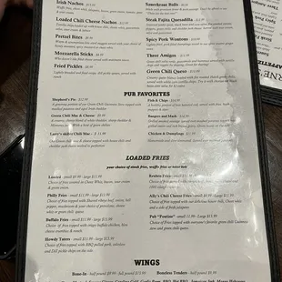 Menu for Wings, Loaded Fries, Favorites, and Appetizers
