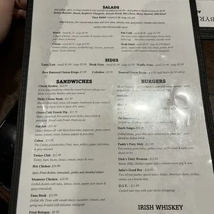 Menu for Sandwiches, Burgers, Sides, Salads and Soups