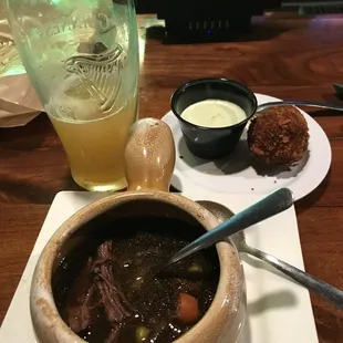 Sierra Nevada Hazy Little Things IPA, For starters, sauerkraut balls and the delicious Green Chili Guinness Stew.