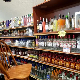 shelves of liquor and liquor bottles