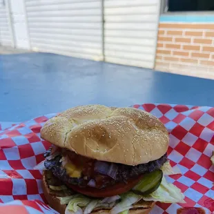 a hamburger and fries on a picnic table