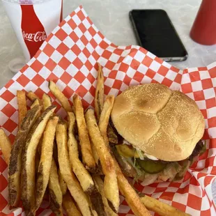 Single Deluxe with bacon added, fries and PB milkshake.