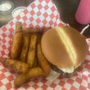 Regular single Hawaiian cheeseburger with yummy fried zucchini.