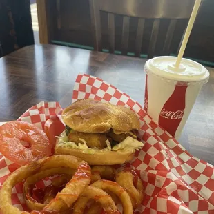 Fish Sandwich and Onion rings and butterscotch Milkshake.