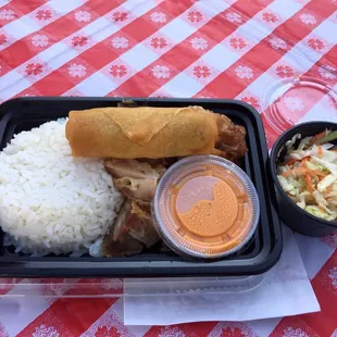 Hawaiian Chipotle Mochiko Chicken w/ Spring Roll &amp; Cole Slaw