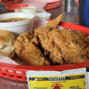 Three Piece Chicken, side beans and buttery biscuits