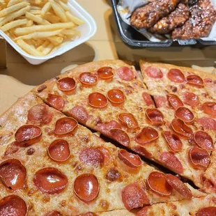 Our perfect Thin Crust Pizza (Select Toppings) , 5 Piece Tenders Meal , French Fries