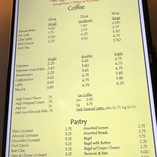 Breakfast menu as of 5/15/2019