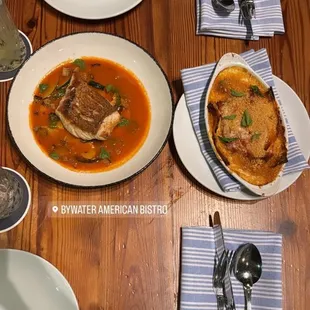 Gulf Fish/ Spicy Seafood Stew/ Fried Bread &amp; Wagyu Beef Lasagna/ Fontina Fonduta.