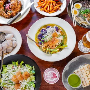 a variety of dishes on a table