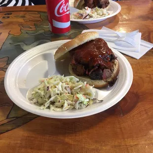 Burnt end sandwich and coleslaw.