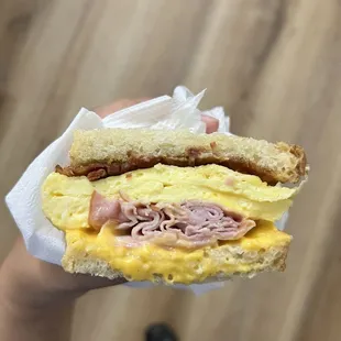 Egg, Bacon, Ham &amp; Cheese Sandwich