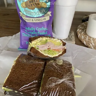 $14 for all this (LARGE #53 TURKEY-CADO +add EGG SALAD, chips &amp; MEDIUM drink)