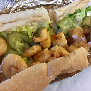 NOT EXACTLY STUFFED: the shrimp po boy isn&apos;t bad it&apos;s just not memorable- small shrimp, sparse pickle slices, no real flavor; $9.