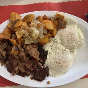 Corn beef hash, home fries, and eggs