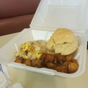 a meal in a styrofoam container