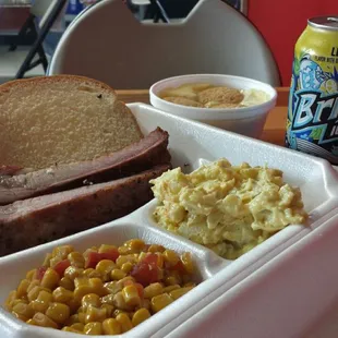 Wonderfully smoked ribs, corn with diced tomato, potato salad, banana pudding, obligatory tea.