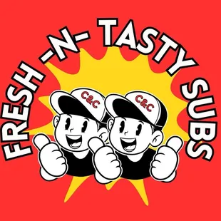 ows two men in baseball caps with the words fresh n tasty