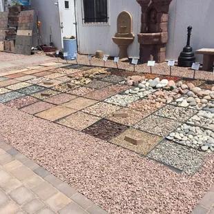 a patio with a fountain
