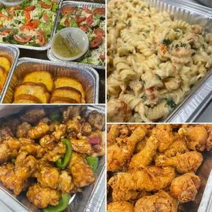 WE ALSO OFFER IN HOUSE CATERING. 

Clockwise: Crawfish Pasta, Fried Chicken, Teriyaki Chicken, garlic bread and house salad