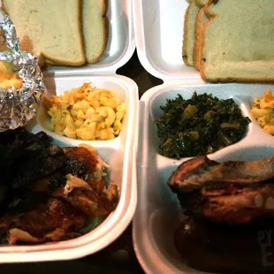 [left] Ribs &amp; Chicken Combo w Fries and Mac N Cheese [Right] Chicken &amp; Sausage Combo w Collard Greens and Mac N Cheese