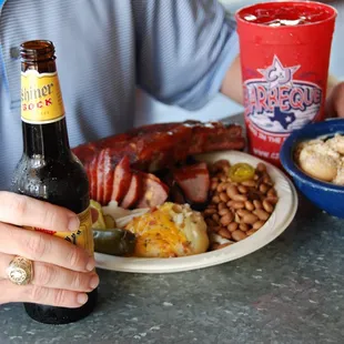 3 meat plate with brisket, sausage and ribs