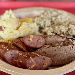 Excellent: Sausage &amp; Potatoes Okay: Brisket (well-cooked, but bland) Avoid: Brisket Dirty Rice (very dry; no brisket)