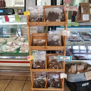 6 flavors of shop made beef jerky! Always a great snack.