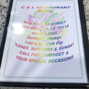 Menu and inside Restraunt