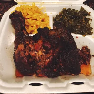 Jerk Chicken with Mac &amp; Cheese and Greens